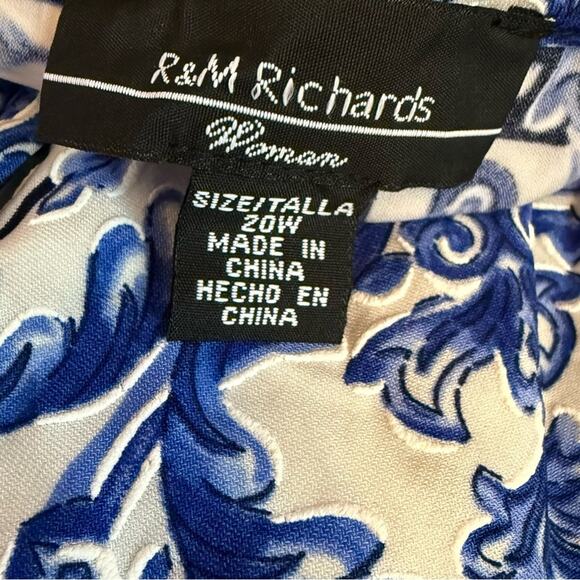 R & M Richards Plus Size Printed Blouson A-Line Dress White/Denim Sz 20W - Picture 7 of 10